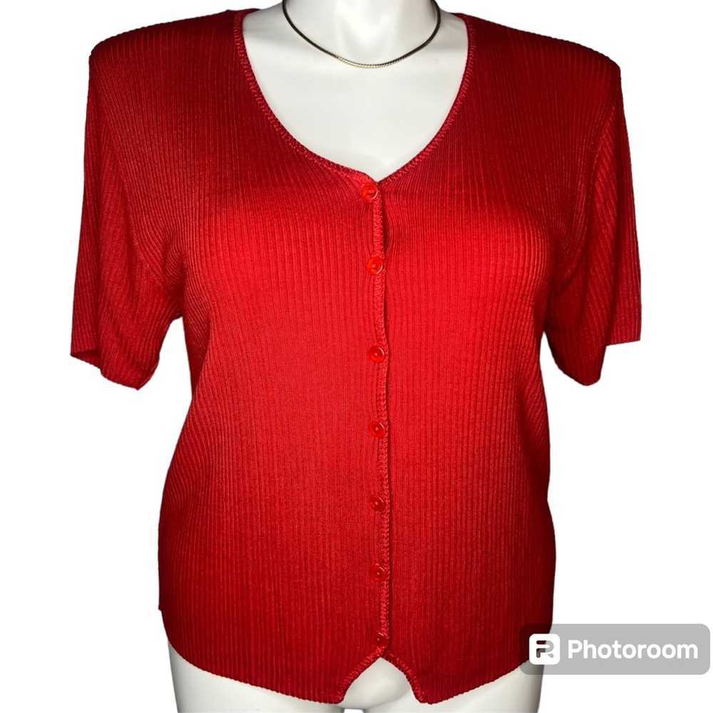 Red Ribbed Short Sleeve Button Front Top Size 1X - Picture 1 of 16